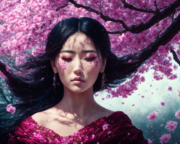 Young woman under cherry blossoms with flowing hair