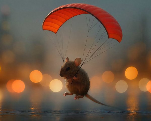 Light brown mouse paragliding with orange paraglider