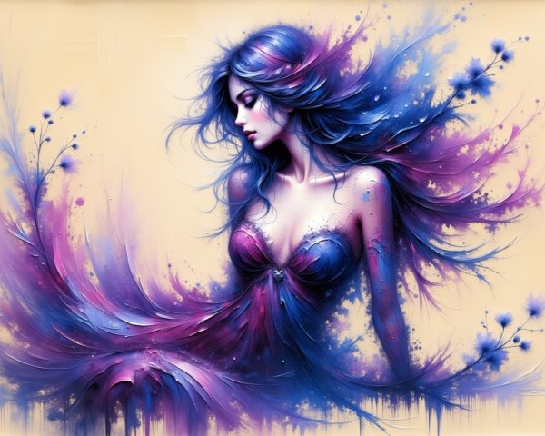 Stunning Woman with Flowing Blue and Purple Hair