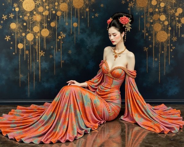 Elegant Woman in Vibrant Dress Against Starry Backdrop