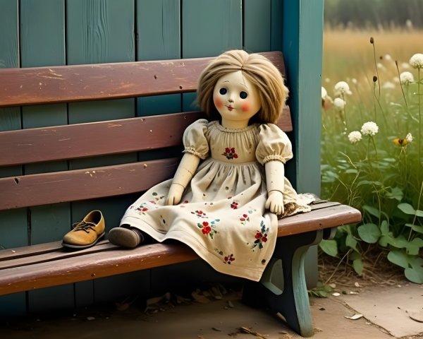 Vintage Porcelain Doll on Rustic Wooden Bench