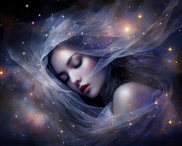 Serene Figure in Translucent Fabric Against Cosmic Backdrop