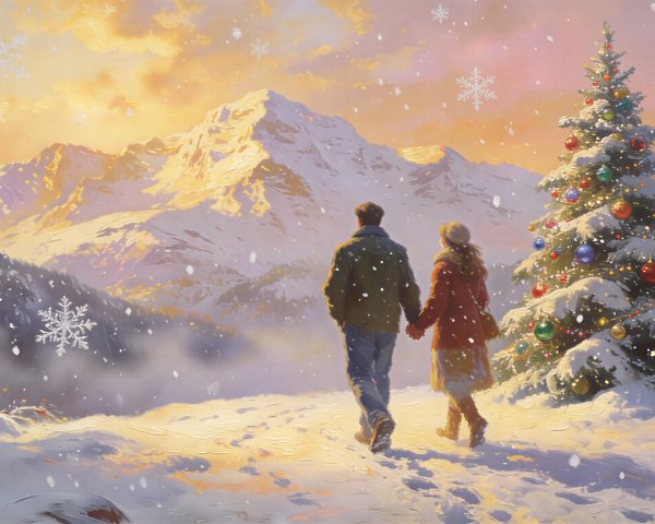Couple Walking in Snowy Mountain Landscape Painting