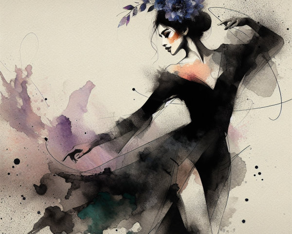 Elegant dancer in black gown with floral accents