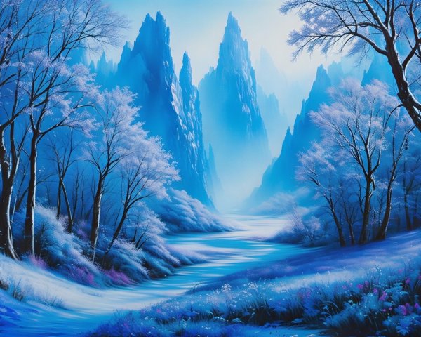 Serene Winter Landscape with Blue Tones and Mountains