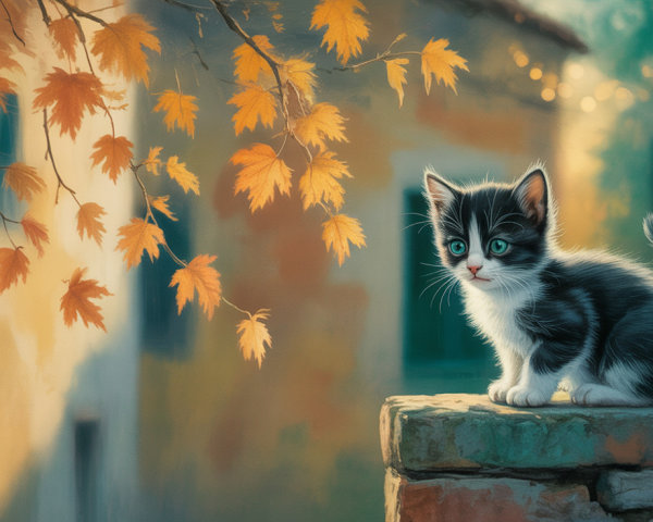 Black and white kitten on stone wall with autumn leaves