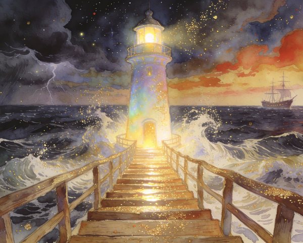 Dramatic Watercolor Seascape with Lighthouse and Pier