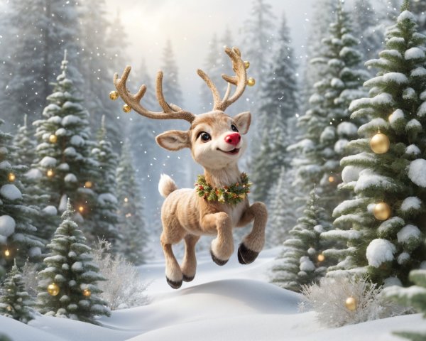 Cartoon Reindeer in a Snowy Winter Wonderland