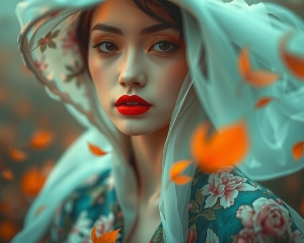Serene portrait of a woman in soft fabric and autumn leaves