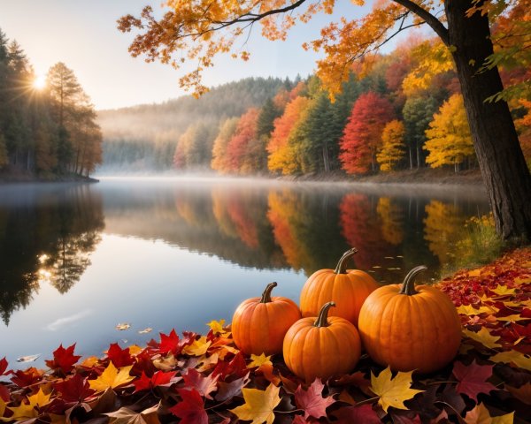 Serene lake with autumn foliage and pumpkins