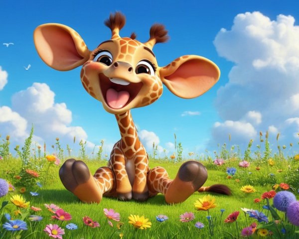 Cheerful cartoon giraffe in a colorful flower field