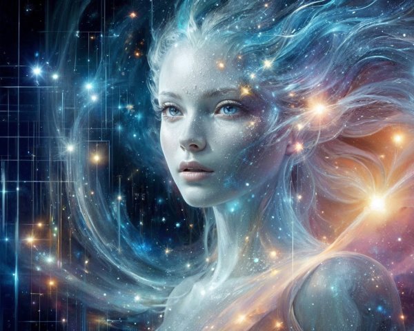 Cosmic Figure with Ethereal Hair and Celestial Light