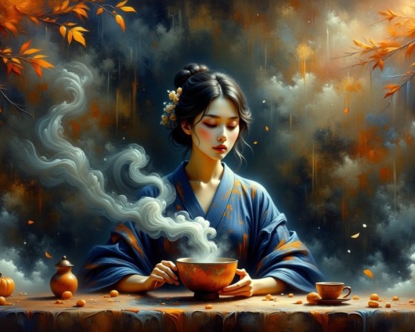 Young Woman in Blue Kimono with Soup and Autumn Decor