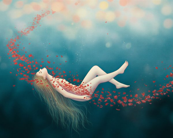 Underwater Scene with Floating Figure and Petals