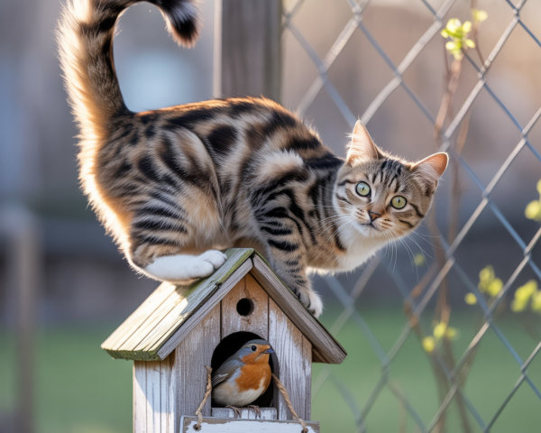 Tabby Cat on Birdhouse with Bird in Sunny Garden