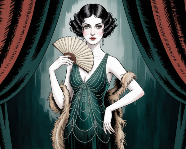 Glamorous Woman in Vintage 1920s Gown with Fan