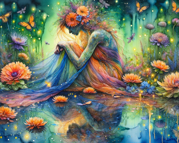 Ethereal Figure by a Shimmering Pond with Flowers