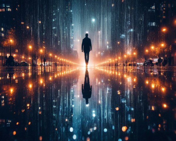 Solitary Figure Under Lights in Rainy Urban Scene