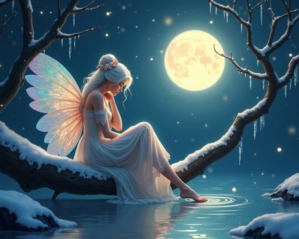 Fairy with Iridescent Wings on Snowy Branch at Night