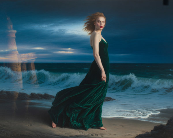 Portrait of a woman in emerald gown on a beach
