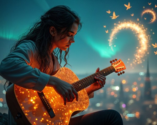 Young Woman Playing Guitar at Twilight with City Skyline