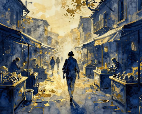 Watercolor Painting of an Asian Outdoor Market Scene