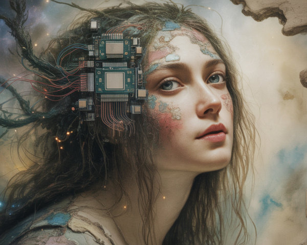 Surreal Portrait of a Woman with Tech Elements