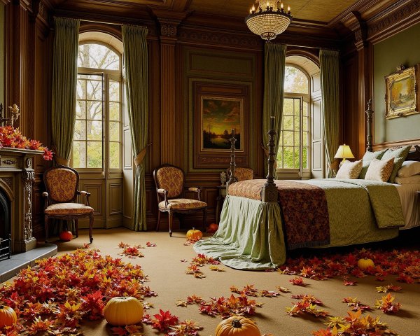 Luxurious Bedroom with Green Tones and Autumn Decor