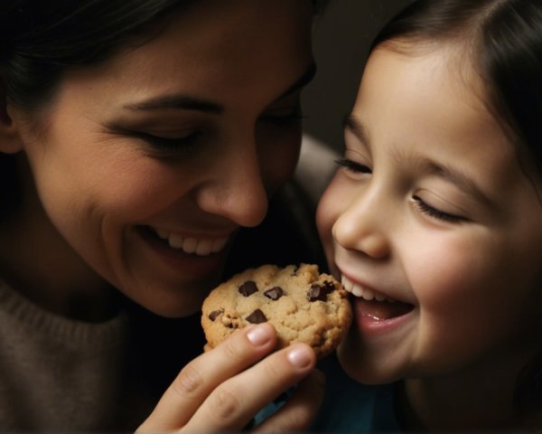 Mother and daughter share a joyful cookie moment