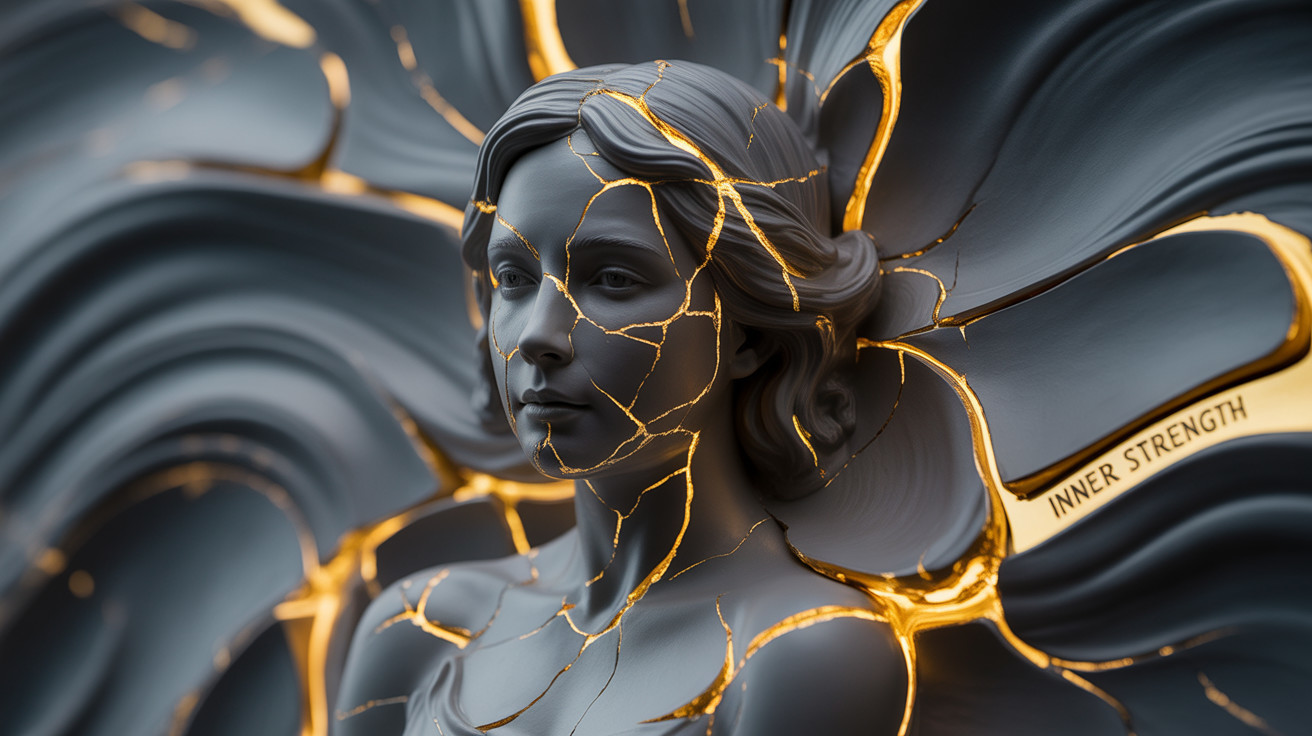 Sculpture of a serene woman with textured backdrop
