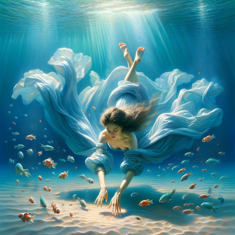 Underwater Scene of a Woman Surrounded by Fabric
