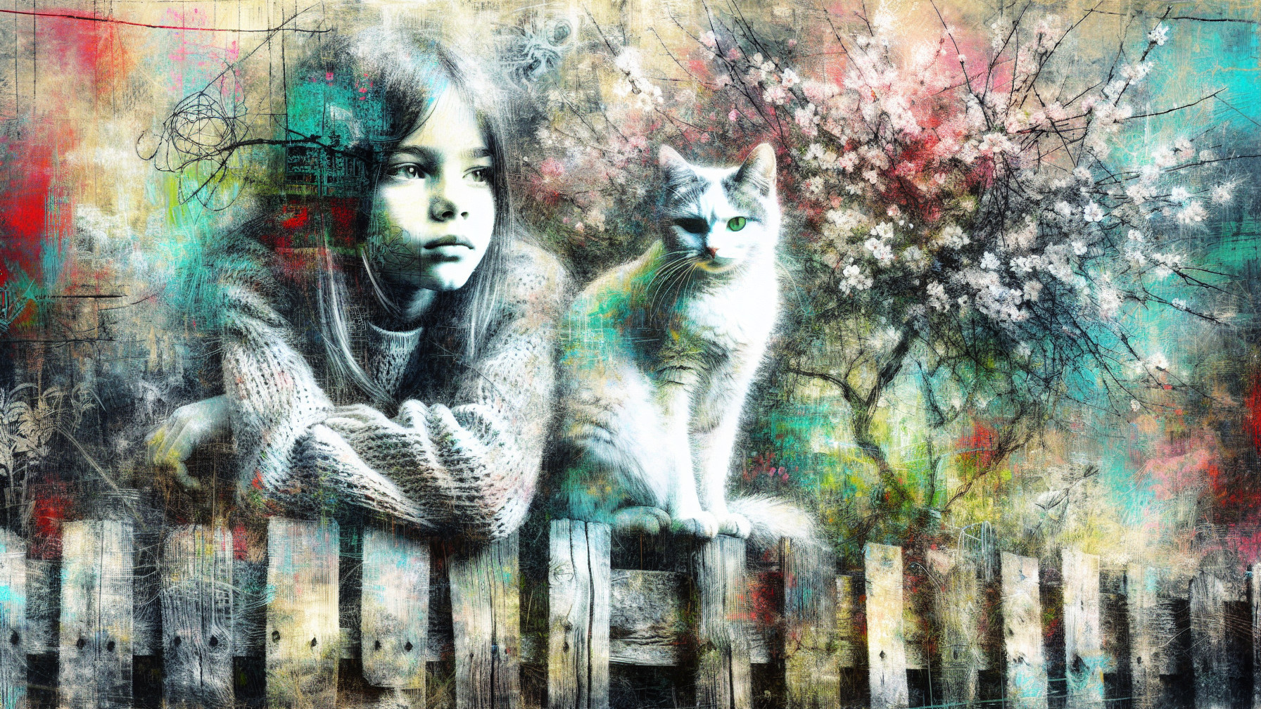 Girl and Cat on Fence with Abstract Floral Background