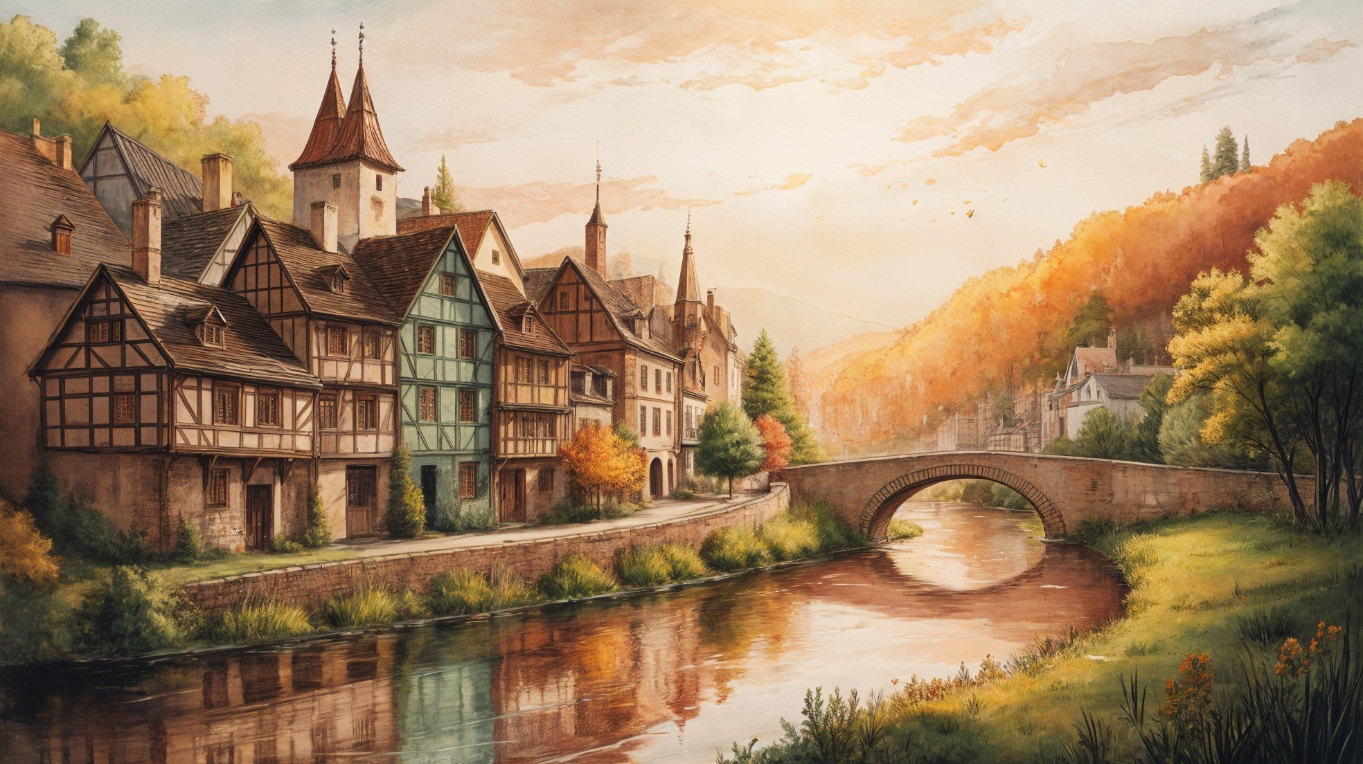 Picturesque Village by Calm River at Sunset