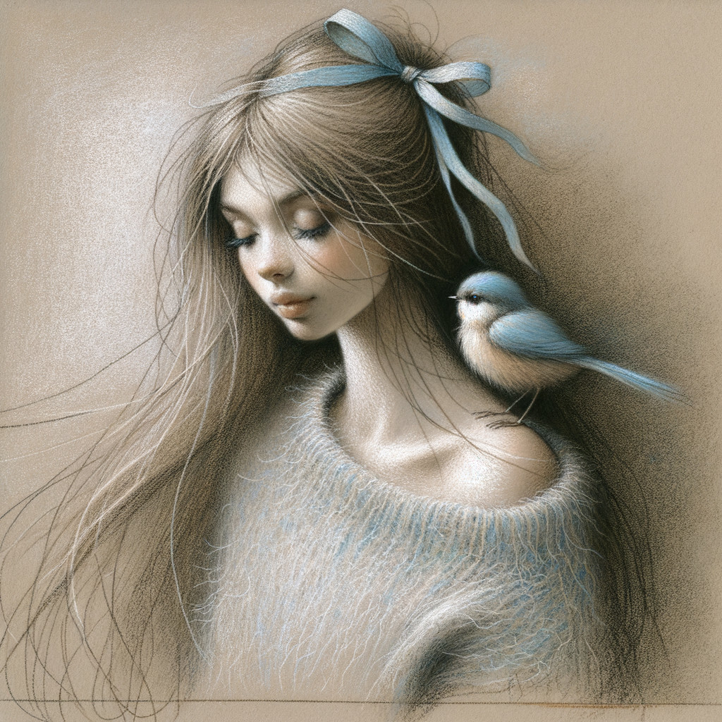Dreamy Illustration of a Woman with Bluebird and Sweater