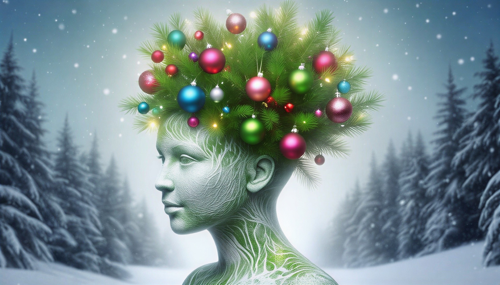 Stylized Human Figure in a Festive Snowy Landscape