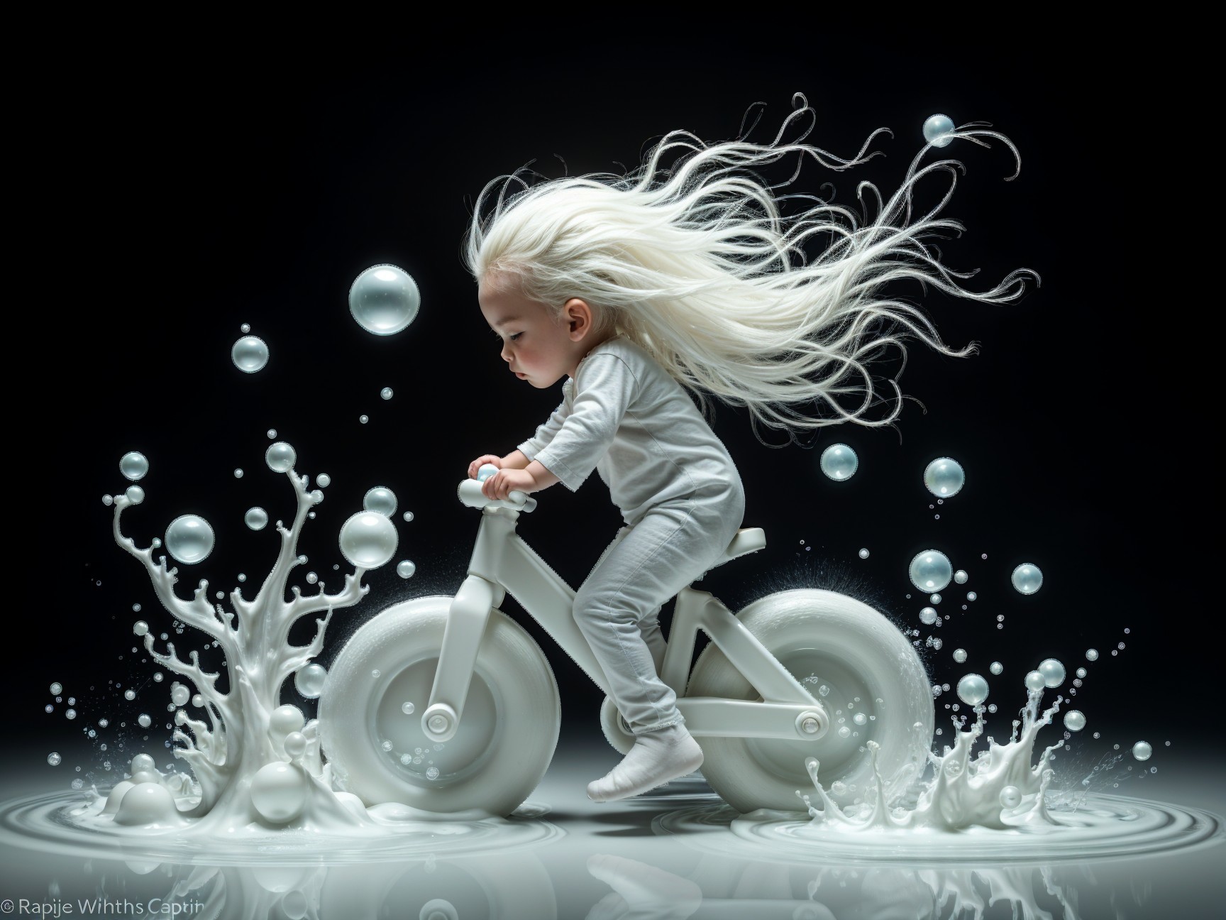 Child with white hair riding bicycle in magical scene
