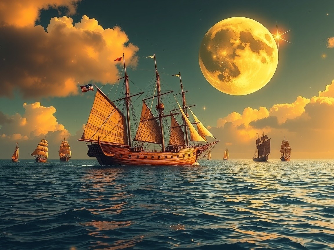 Sailing Ships on a Moonlit Ocean Scene