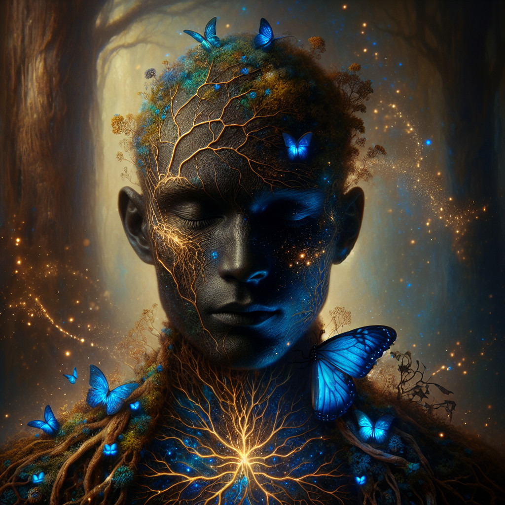 Serene Figure with Butterflies in Mystical Forest