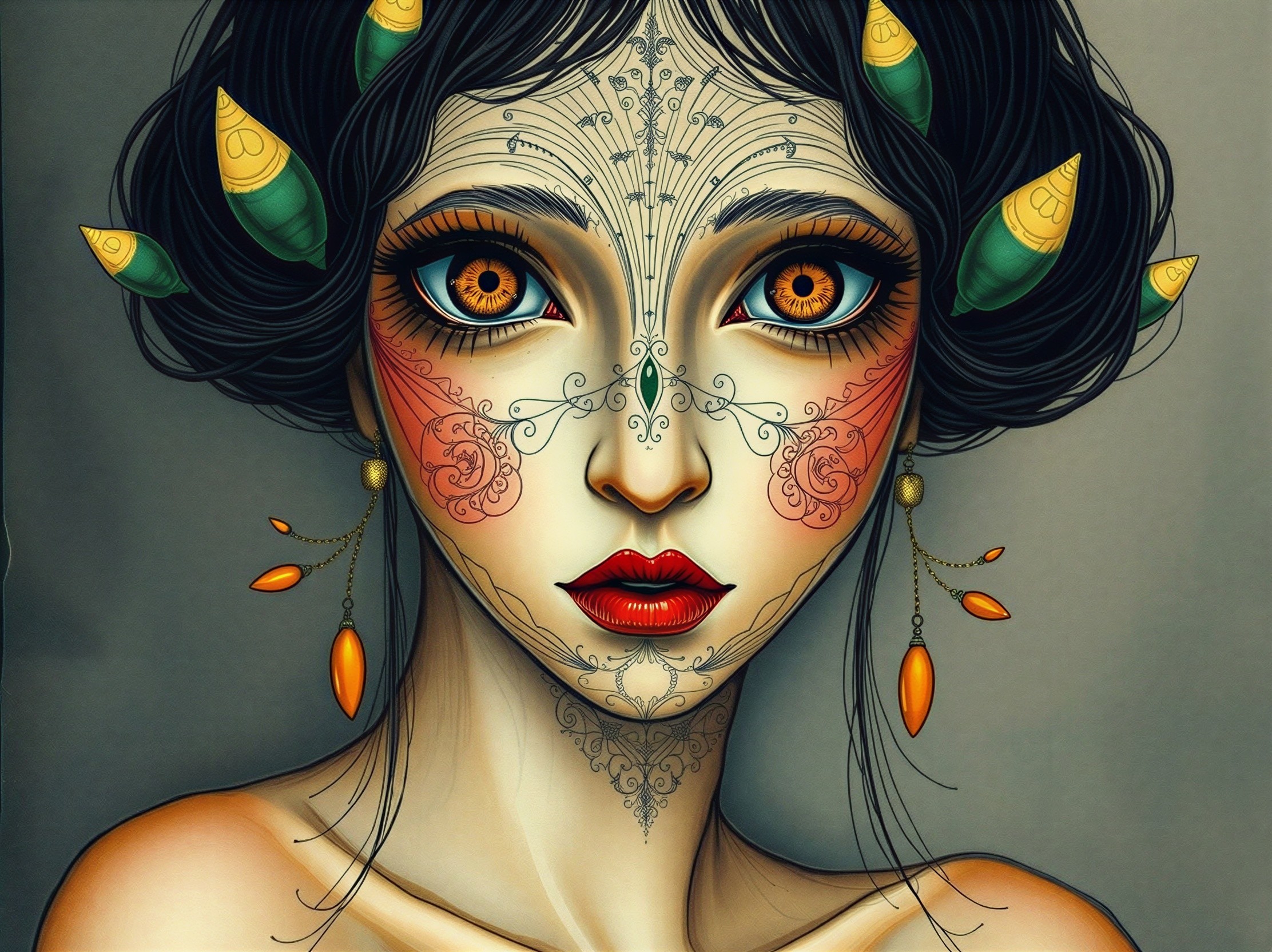 Portrait of a woman with floral facial designs and accents