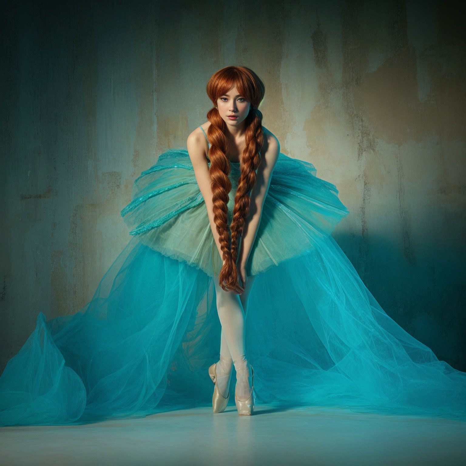 Ballet Dancer in Turquoise Tutu Against Textured Wall