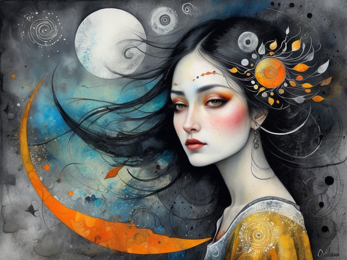 Mystical Portrait of a Young Woman with Celestial Motifs
