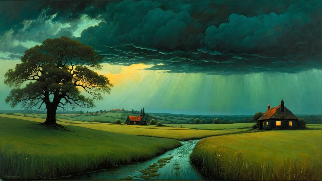 Serene landscape with house, stream, and dramatic clouds