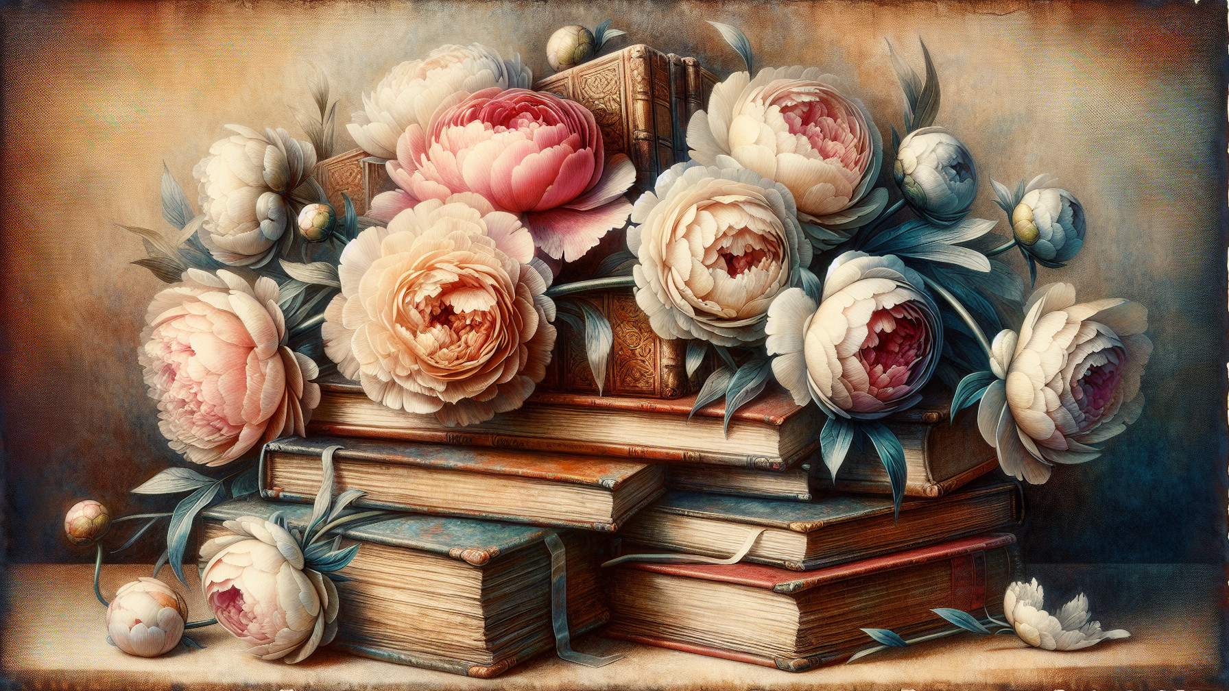 Still Life of Antique Books and Blooming Peonies