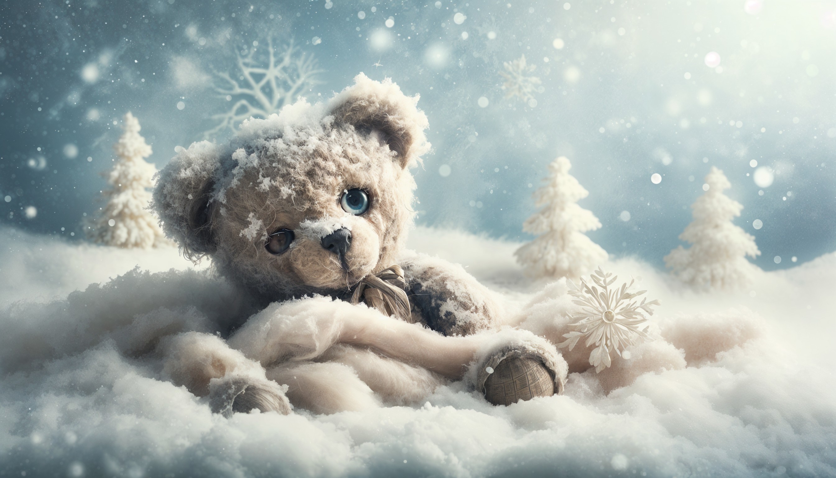 Teddy Bear in Winter Wonderland with Snowflakes