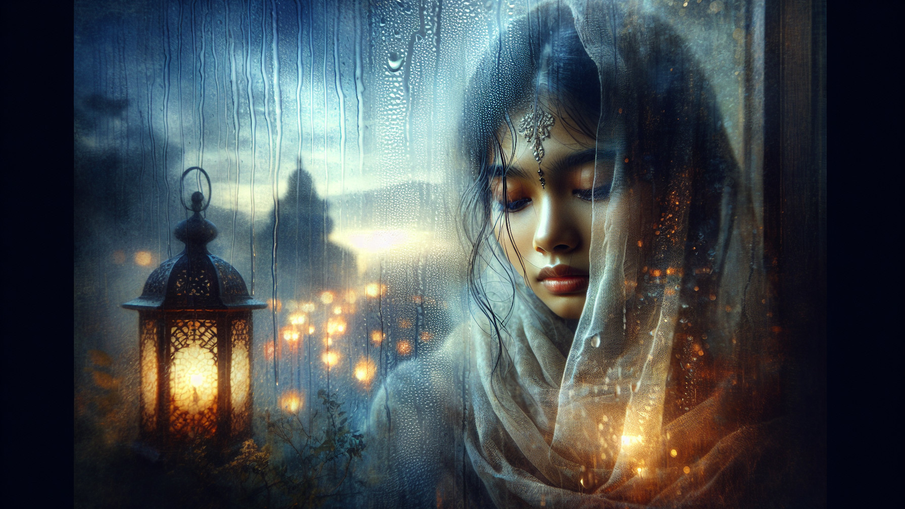 Serene Figure in Veil Against Misty Background