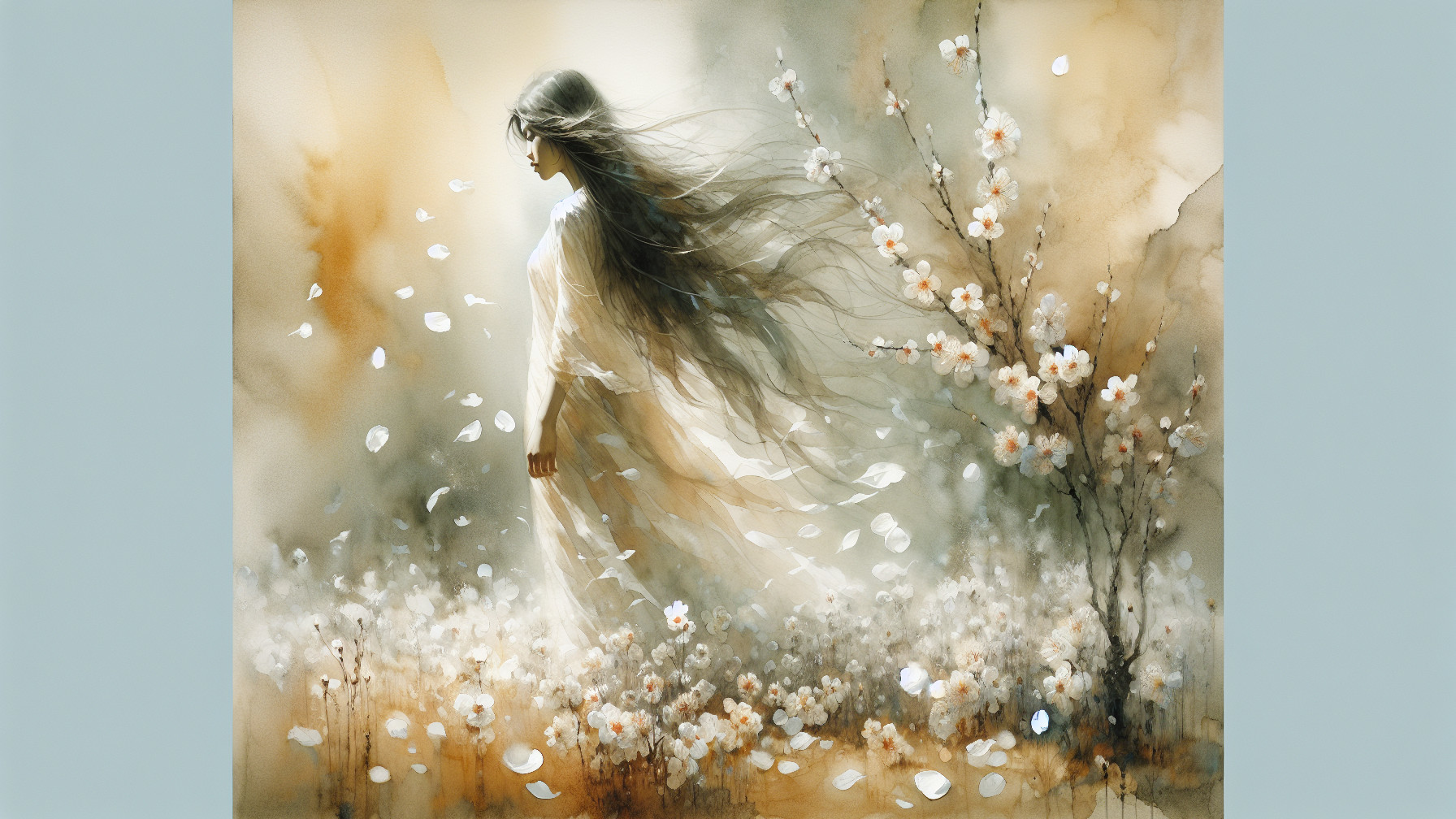Watercolor Scene of Woman in Flower Field