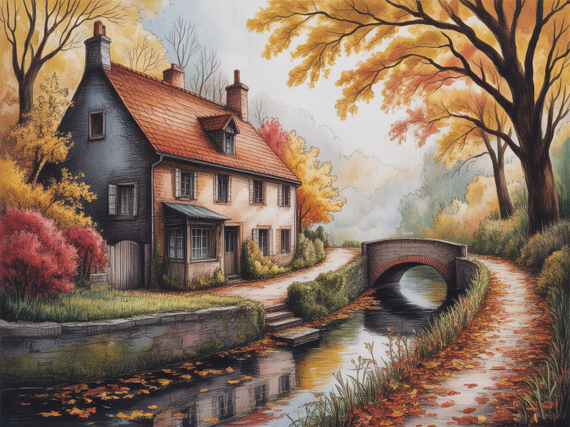 Charming Cottage Surrounded by Autumn Foliage and Canal