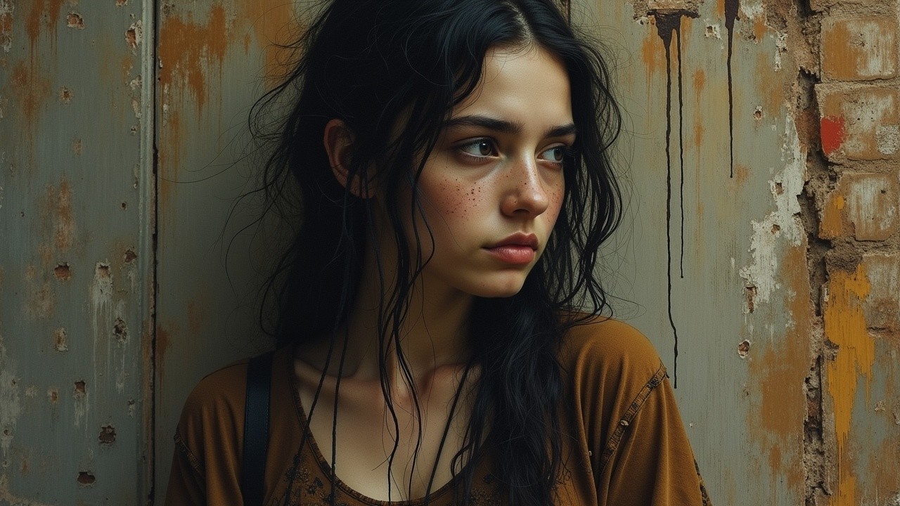 Young woman in contemplative pose against rustic backdrop