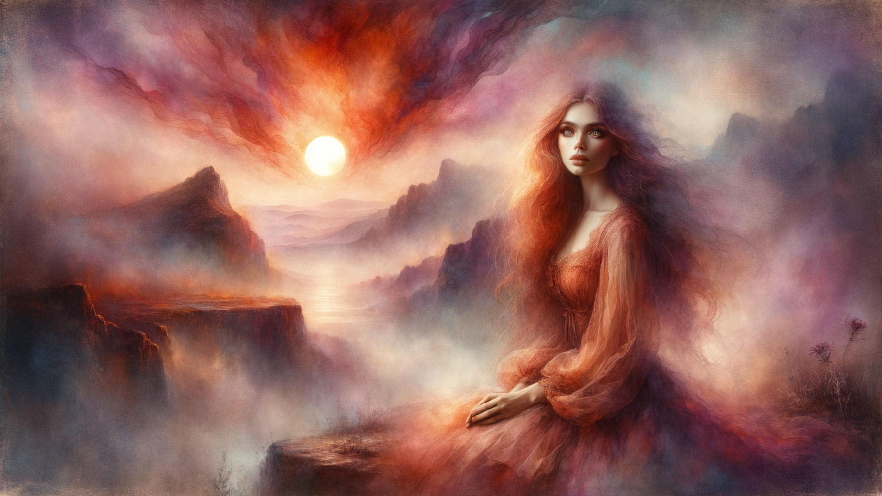 Ethereal Woman in Rust Dress Against Dusk Landscape