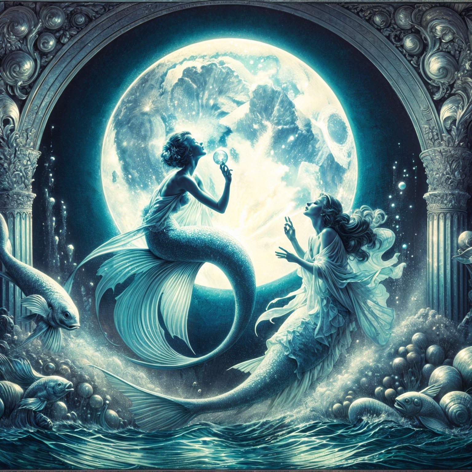Mystical Underwater Scene with Ethereal Mermaids